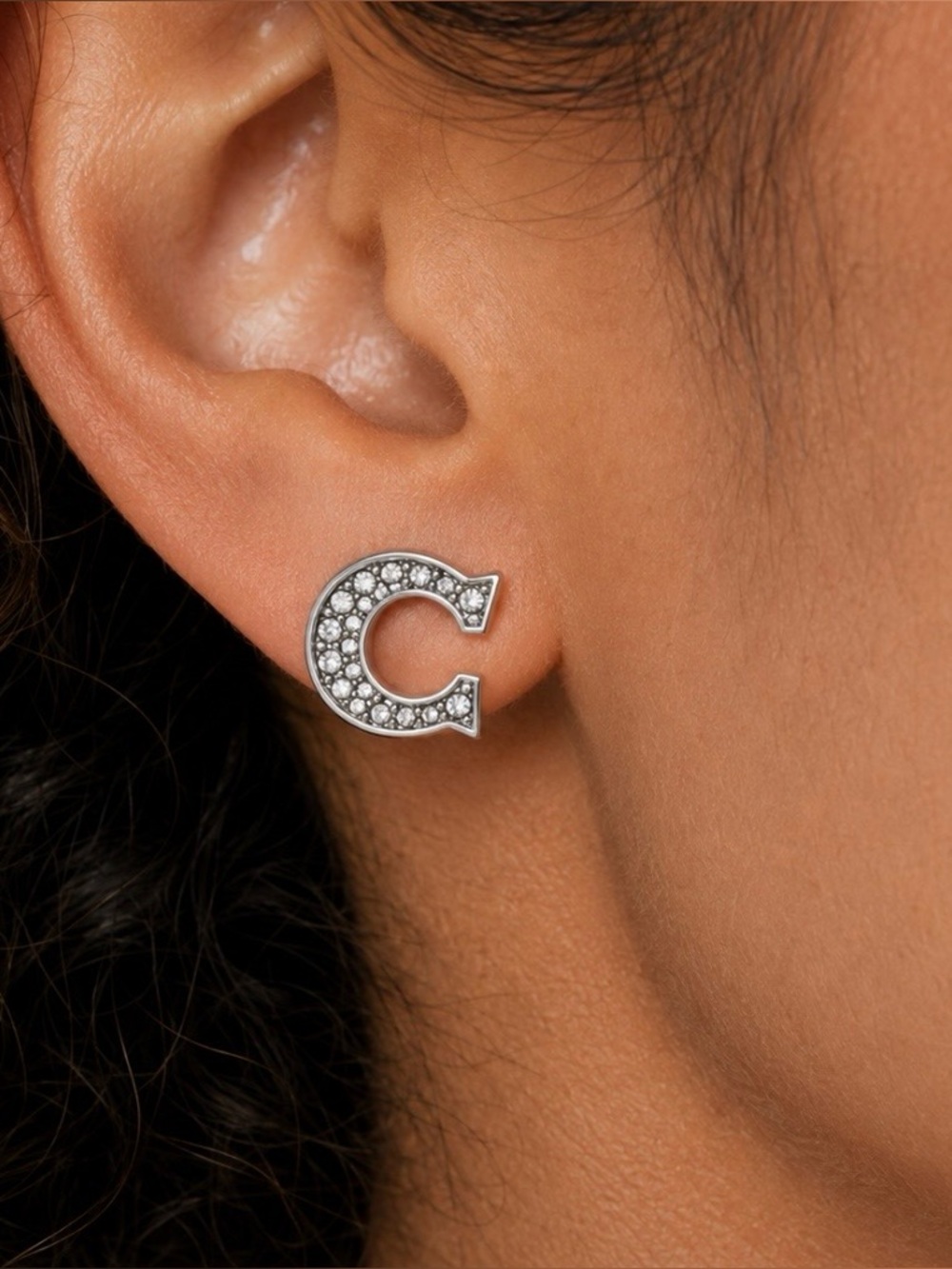 Coach Signature C Pavé Crystal Stud Earrings | Silver Tone | Sparkly Logo